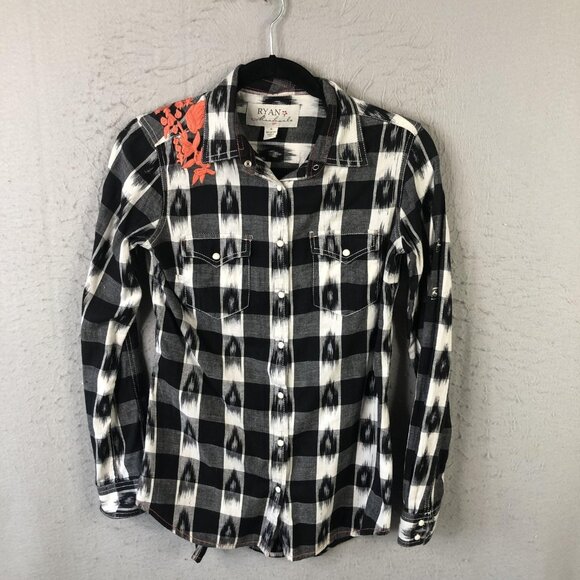 Ryan Michael Tops - Ryan Michael Shirt Womens Small Black White Plaid Western Pearl Snap Embroidered